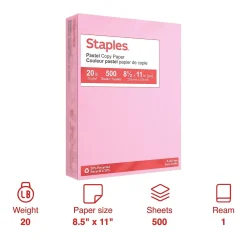 Multipurpose Paper*Staples Pastel 30% Recycled Color Copy Paper, 20 lbs., 8.5" x 11", , 500/Ream (14779) Pink