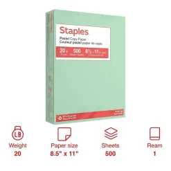 Multipurpose Paper*Staples Pastel 30% Recycled Color Copy Paper, 20 lbs., 8.5" x 11", , 500/Ream (14781) Green