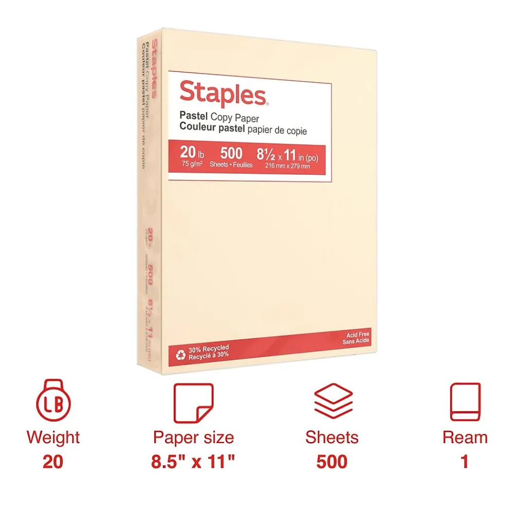 Multipurpose Paper*Staples Pastel 30% Recycled Color Copy Paper, 20 lbs., 8.5" x 11", , 500/Ream (14789) Cream