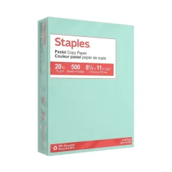Multipurpose Paper*Staples Pastel 30% Recycled Color Copy Paper, 20 lbs., 8.5" x 11", , 500 Sheets/Ream (14784) Turquoise