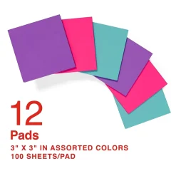 Sticky Notes*Staples Pop-up Notes, 3" x 3", Berry Blast Collection, 100 Sheet/Pad, 12 Pads/Pack (52225)