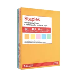 Multipurpose Paper*Staples Recycled Pastel Multipurpose Paper, 20 lbs., 8.5" x 11", Assorted Colors, 400 Sheets/Ream (14804) Assorted Pastels
