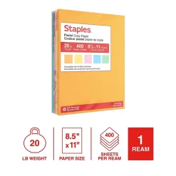 Multipurpose Paper*Staples Recycled Pastel Multipurpose Paper, 20 lbs., 8.5" x 11", Assorted Colors, 400 Sheets/Ream (14804) Assorted Pastels