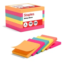 Sticky Notes*Staples Stickies Standard Notes, 3" x 3" Assorted, 100 Sheets/Pad, 6 Pads/Pack (S-33BR6/52560)
