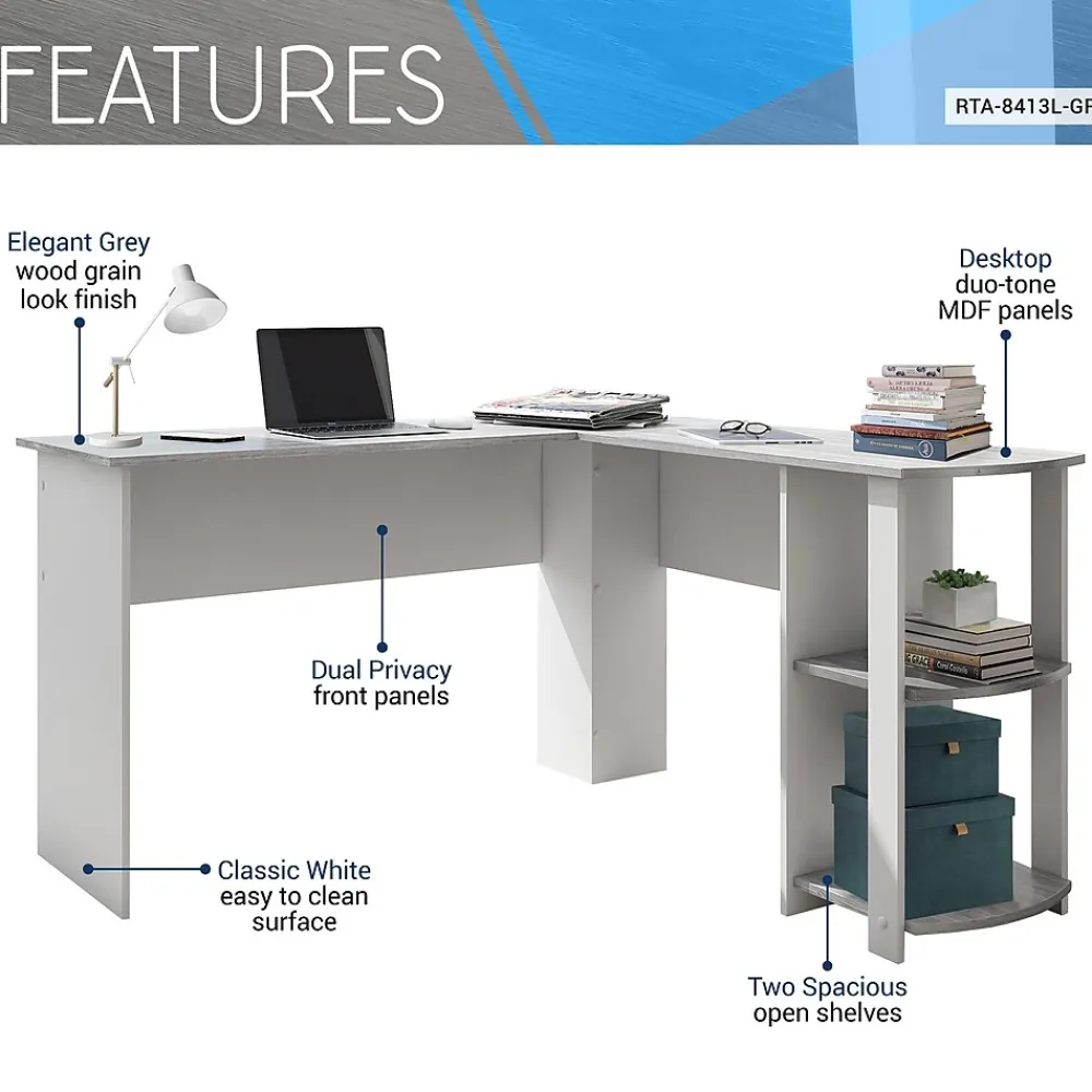 L-Desks*Techni Mobili 51" Mixed Materials L-Shaped Desk, Gray (RTA-8413L-GRY)