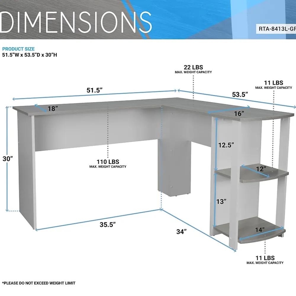 L-Desks*Techni Mobili 51" Mixed Materials L-Shaped Desk, Gray (RTA-8413L-GRY)