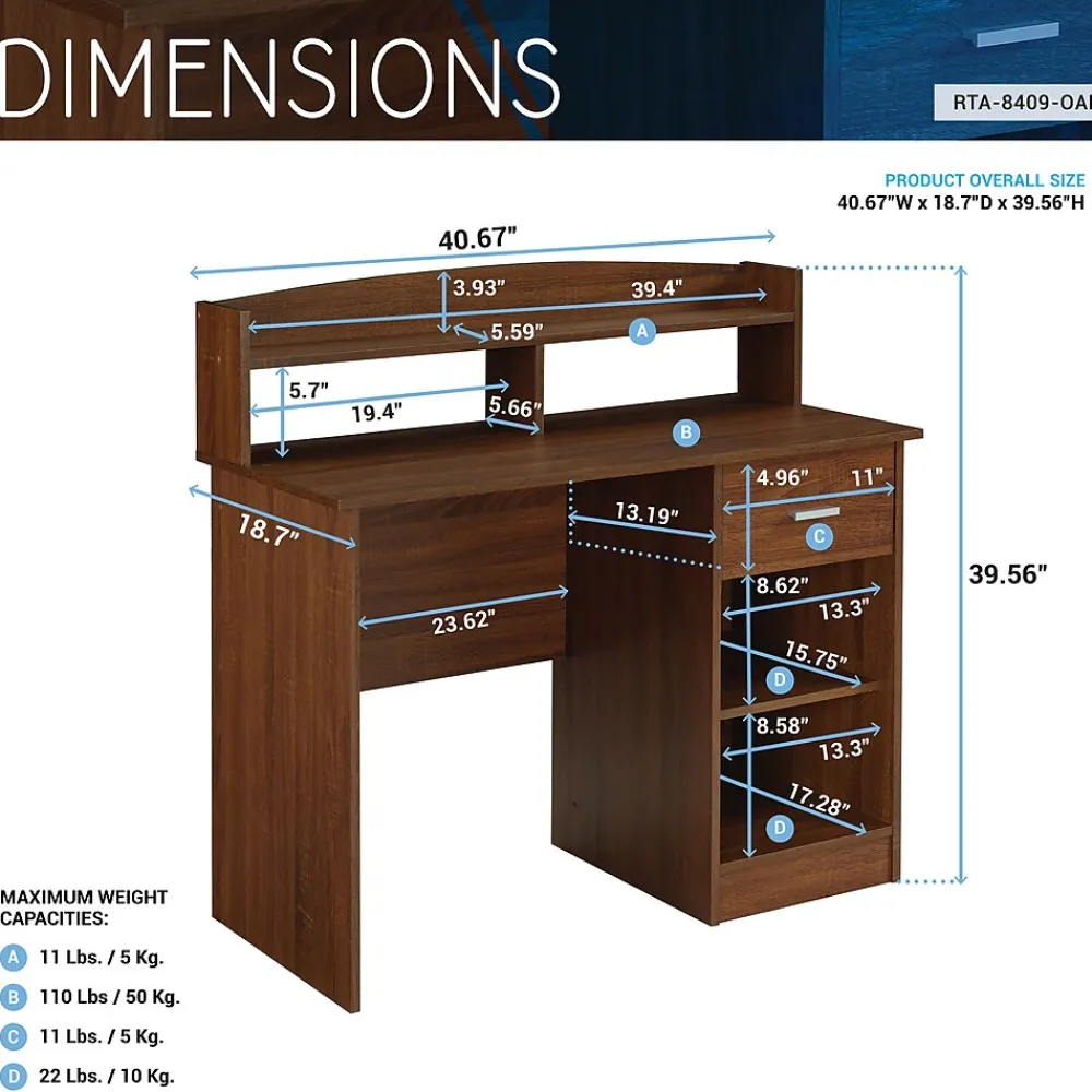 Office Desks*Techni Mobili 41" Table Desk, Oak (RTA-8409-OAK)