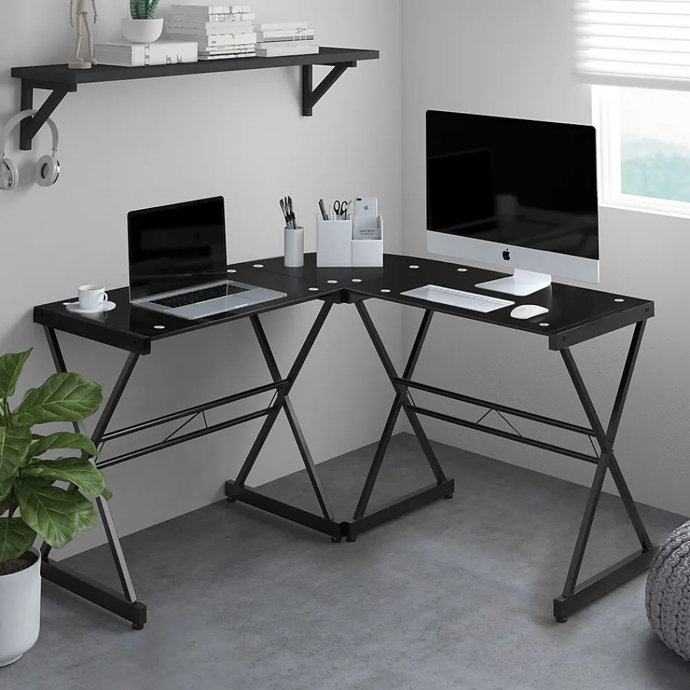 L-Desks*Techni Mobili L-Shaped Glass Top Computer Corner Desk, Black (RTA-3805L-BK)