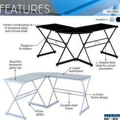 L-Desks*Techni Mobili L-Shaped Glass Top Computer Corner Desk, Black (RTA-3805L-BK)