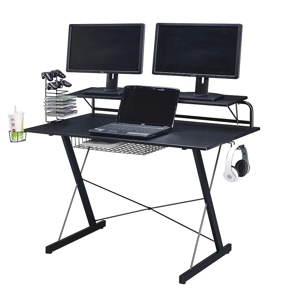 Corner Desks*Techni Sport Carbon Computer Gaming Desk with Shelving, Black (RTA-TS200-BK)