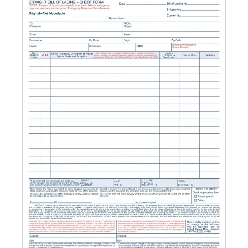 Accounting & Record Journals*TOPS ® Bill of Lading Unit Set, Ruled, 4-Part Carbonless, 11-7/16" x 8-1/2", 50/Pack (3847)