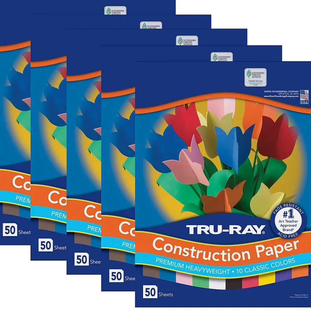 Construction Paper*Tru-Ray 9" x 12" Construction Paper, Assorted, 50 Sheets/Pack, 5 Packs/Bundle (PAC103031-5)