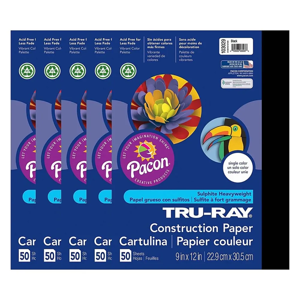Construction Paper*Tru-Ray 9" x 12" Construction Paper, Black, 50 Sheets/Pack, 5 Packs/Bundle (PAC103029-5)