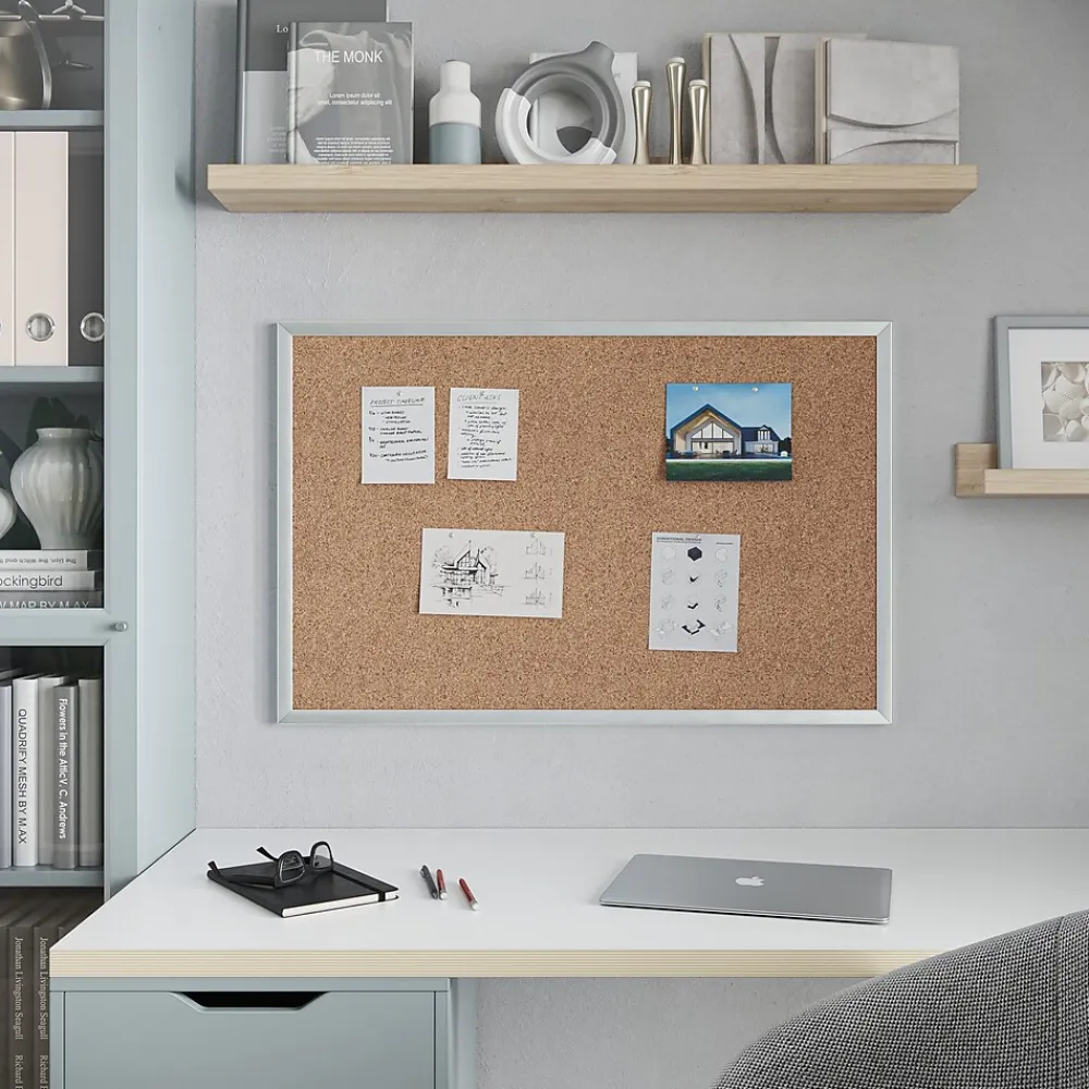 Bulletin*U Brands Cork Bulletin Board, 35" x 23", Silver Aluminum Frame
