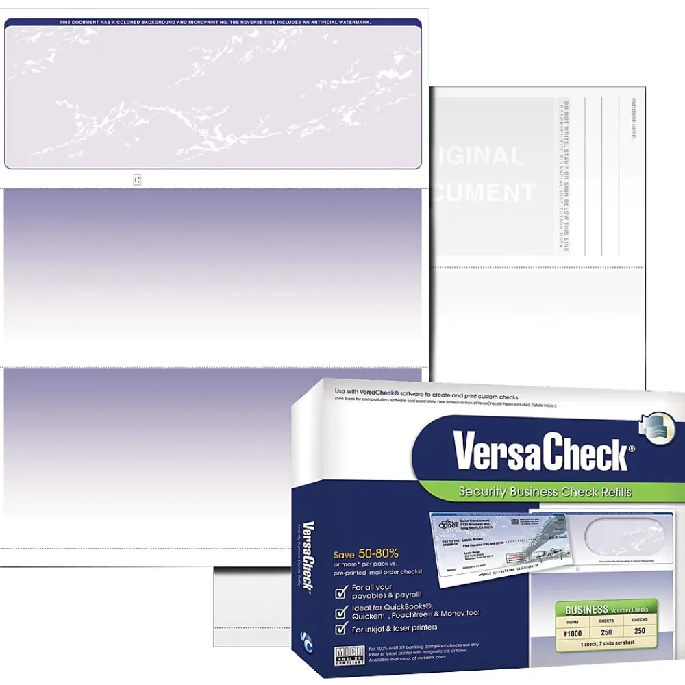 Security & Carbon*VersaCheck 8.5" x 11" Business Custom Checks, Blue, 250 Sheets/Pack (GLO921800F006)